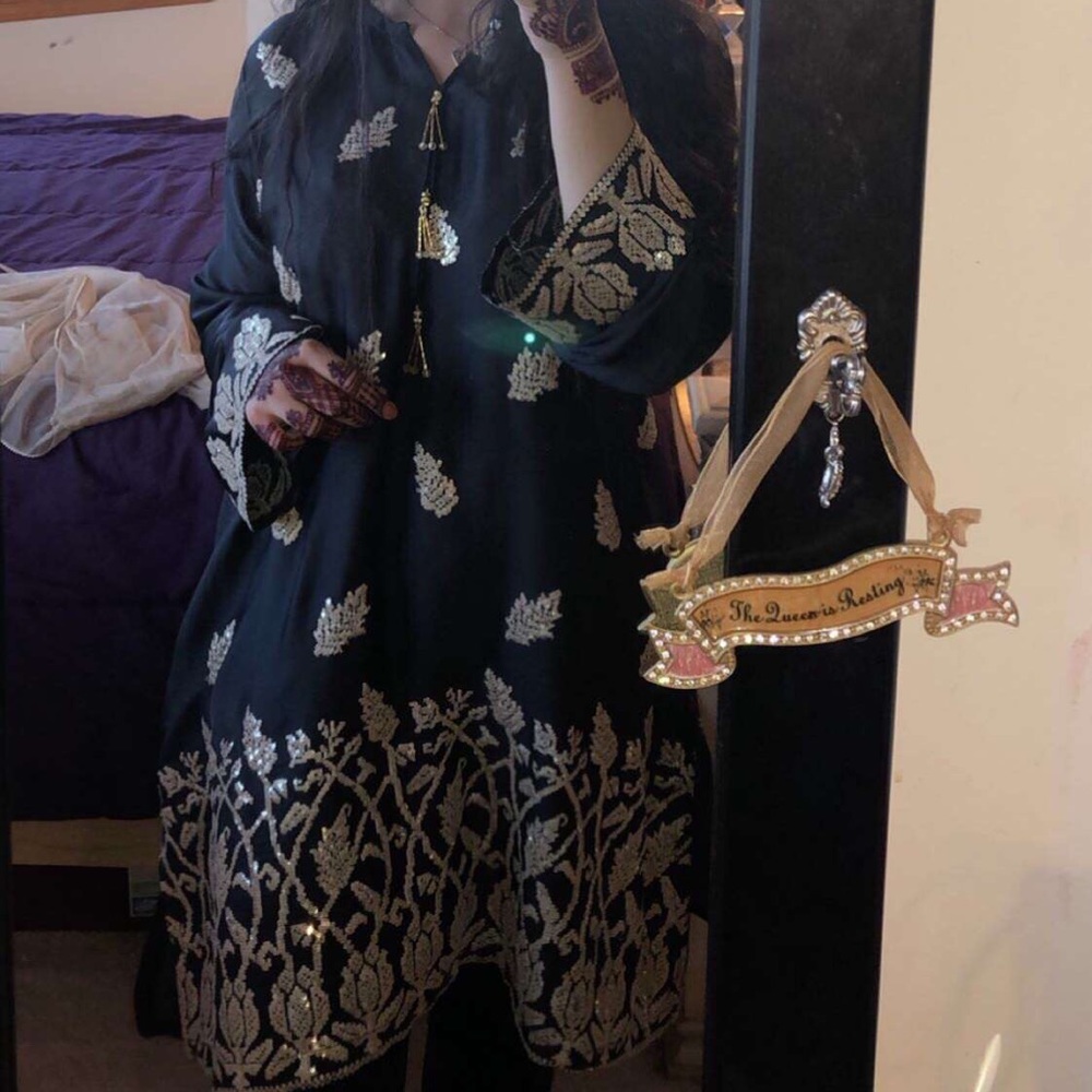 Pakistani Black and Gold Silk Beejays Pret Kurti
